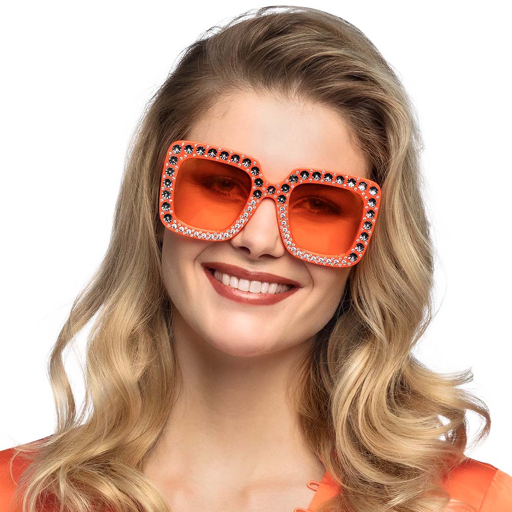 Lunettes Strass Carrées Orange Géantes - Accessoire Fête