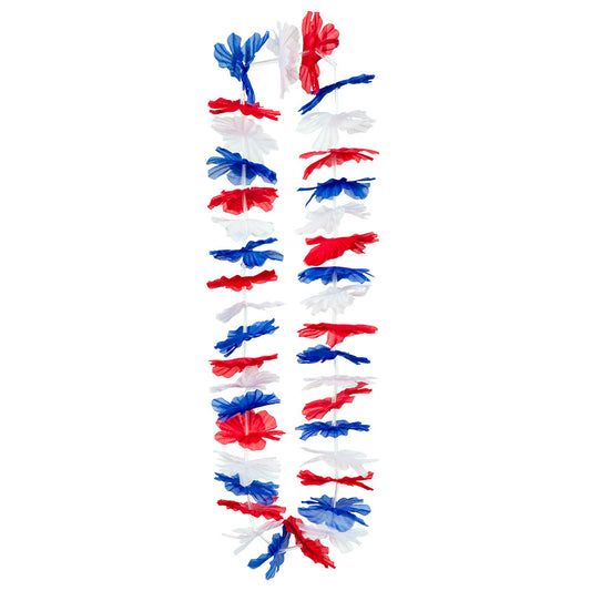 Collier Hawaïen Fleurs Tricolore Bleu Rouge Blanc