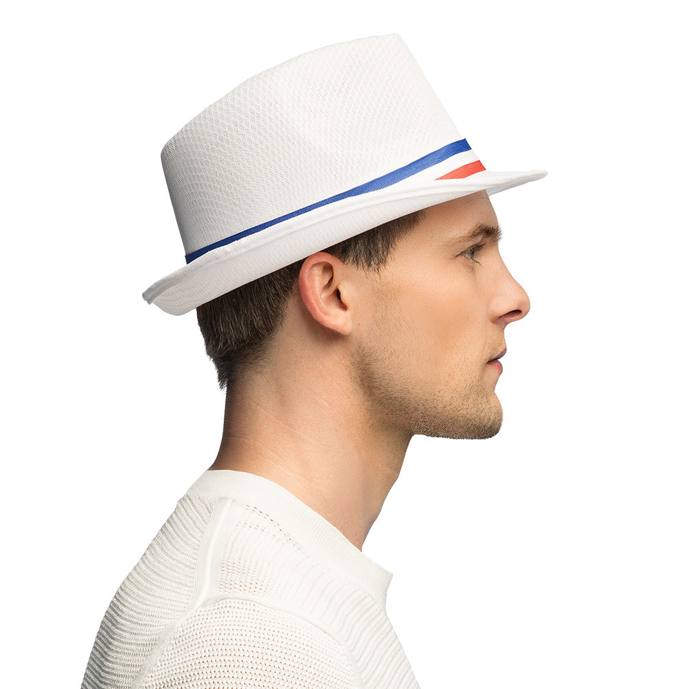 Chapeau Blanc Bande Tricolore Bleu Blanc Rouge - 59cm