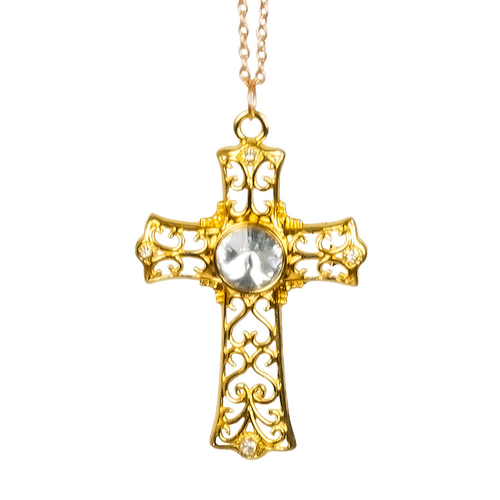 Croix Dorée Filigranée avec Cristal - Collier Chic