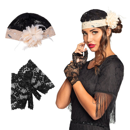 Kit Cabaret Années 20 : Bandeau Paillettes Noir et Gants Noirs