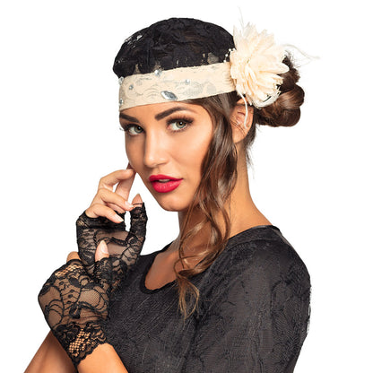 Kit Cabaret Années 20 : Bandeau Paillettes Noir et Gants Noirs