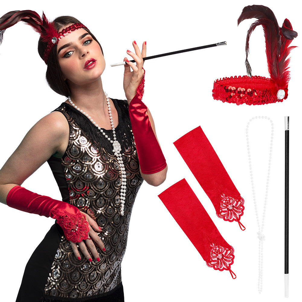 Kit Années 20 Glamour Luxe : Serre-tête, Gants & Collier Perles