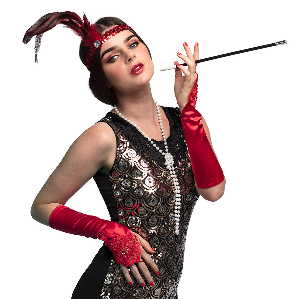 Kit Années 20 Glamour Luxe : Serre-tête, Gants & Collier Perles