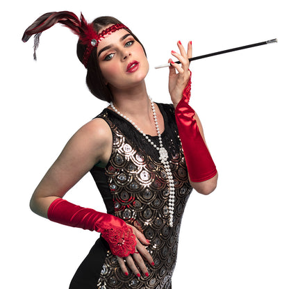 Kit Années 20 Glamour Luxe : Serre-tête, Gants & Collier Perles