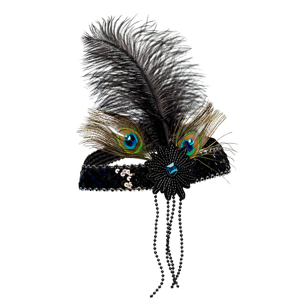 Serre-tête années 20 avec plume noire et paillettes