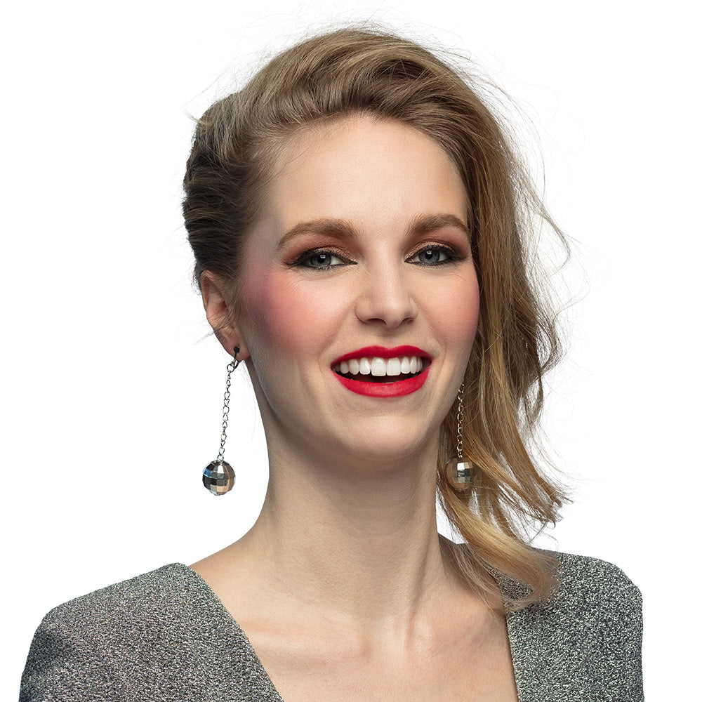 Boucles d'oreilles boule disco miroir chaîne longue