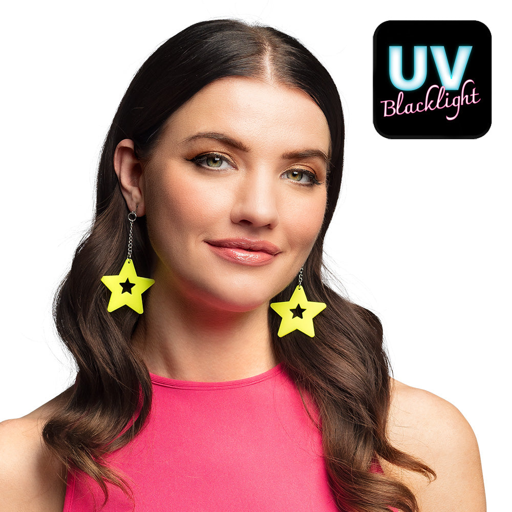 Boucles d'oreilles étoiles fluo UV Blacklight jaune néon