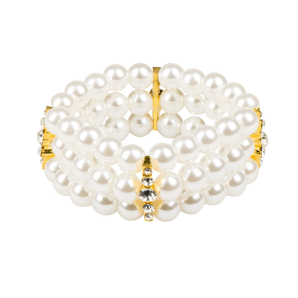 Bracelet Perles Élégant - 3 Rangs Blanc et Or pour Fêtes