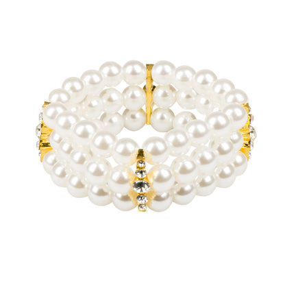 Bracelet Perles Élégant - 3 Rangs Blanc et Or pour Fêtes