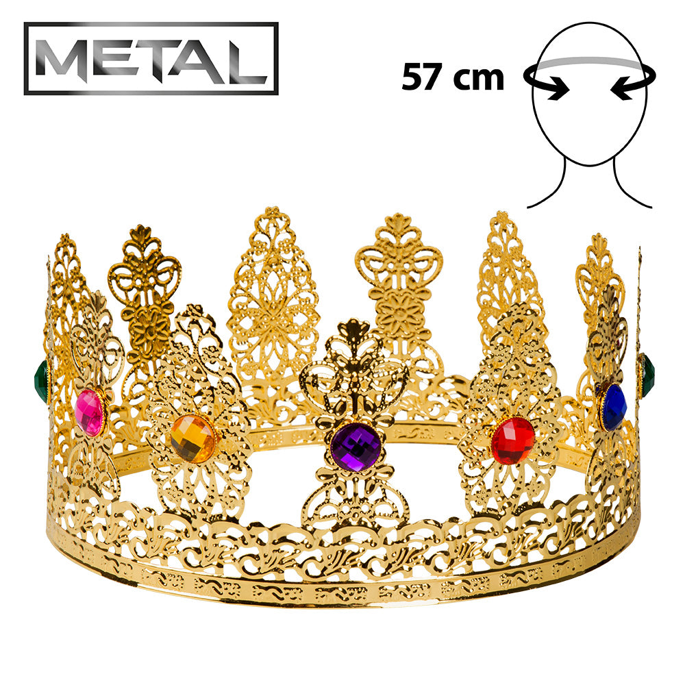 Couronne Royale Dorée Métal - Diadème de Reine avec Pierres Colorées