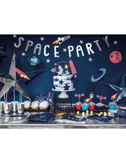 7 Cake toppers en carton space adventure 9,5 - 24,5 cm