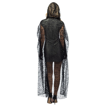 Cape Gothique Noire Dentelle avec Capuche - Déguisement Femme