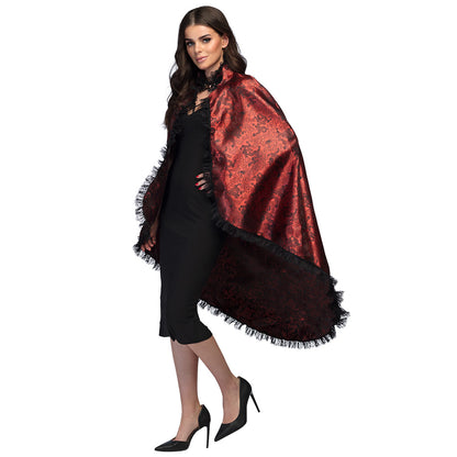 Cape Damask Rouge et Noir avec Franges - Déguisement Élégant