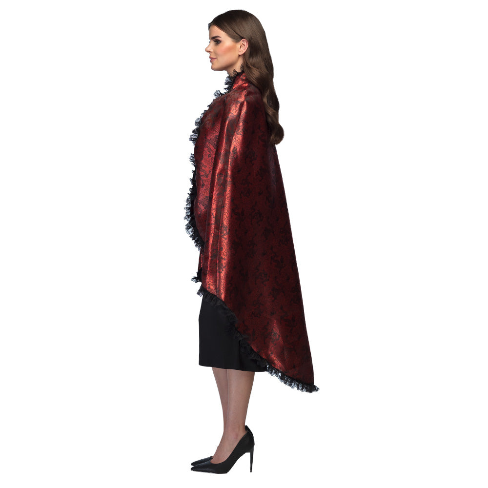 Cape Damask Rouge et Noir avec Franges - Déguisement Élégant