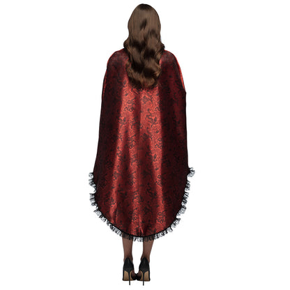 Cape Damask Rouge et Noir avec Franges - Déguisement Élégant