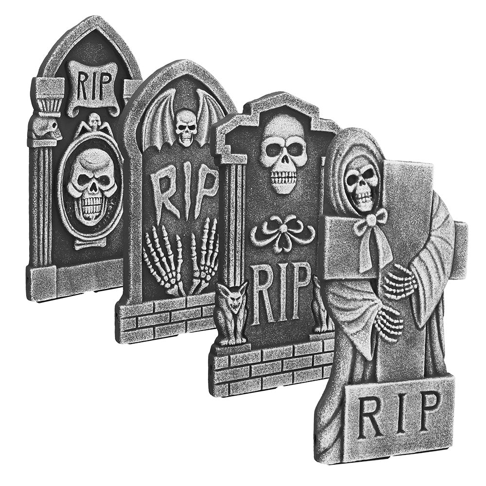Lot 4 Pierres Tombales Décoratives Halloween - Crânes et RIP