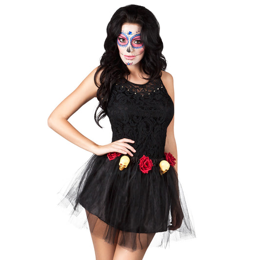 Jupe Tutu Noir Fleurs Roses et Crânes Dorés Halloween