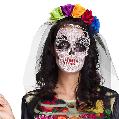 Masque Skull Dia de los Muertos avec Voile et Couronne Fleurs