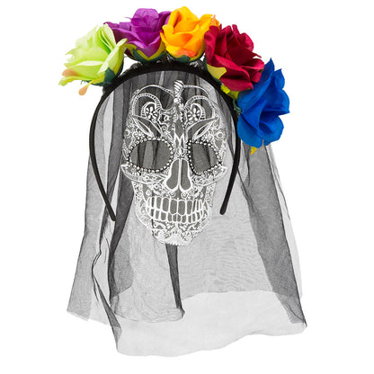 Masque Skull Dia de los Muertos avec Voile et Couronne Fleurs
