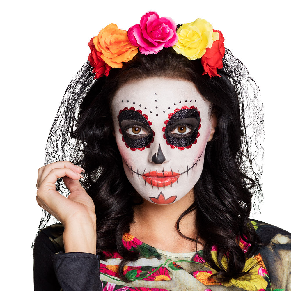 Couronne Fleurs Colorées + Voile Dentelle - Déguisement Jour des Morts