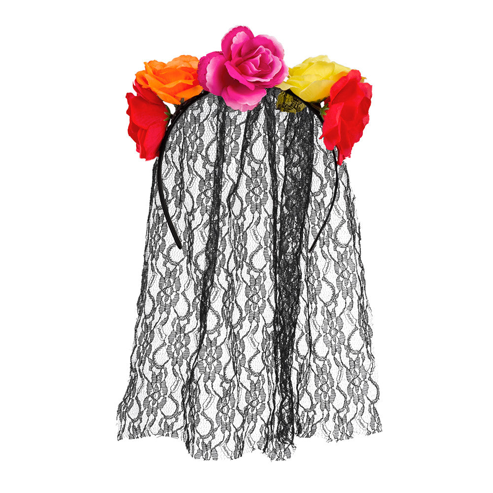 Couronne Fleurs Colorées + Voile Dentelle - Déguisement Jour des Morts