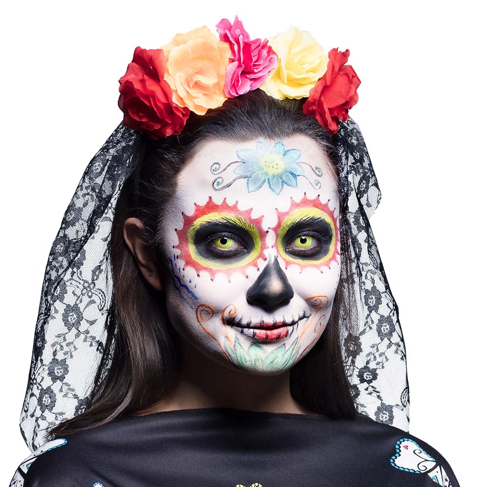 Couronne Fleurs Colorées + Voile Dentelle - Déguisement Jour des Morts