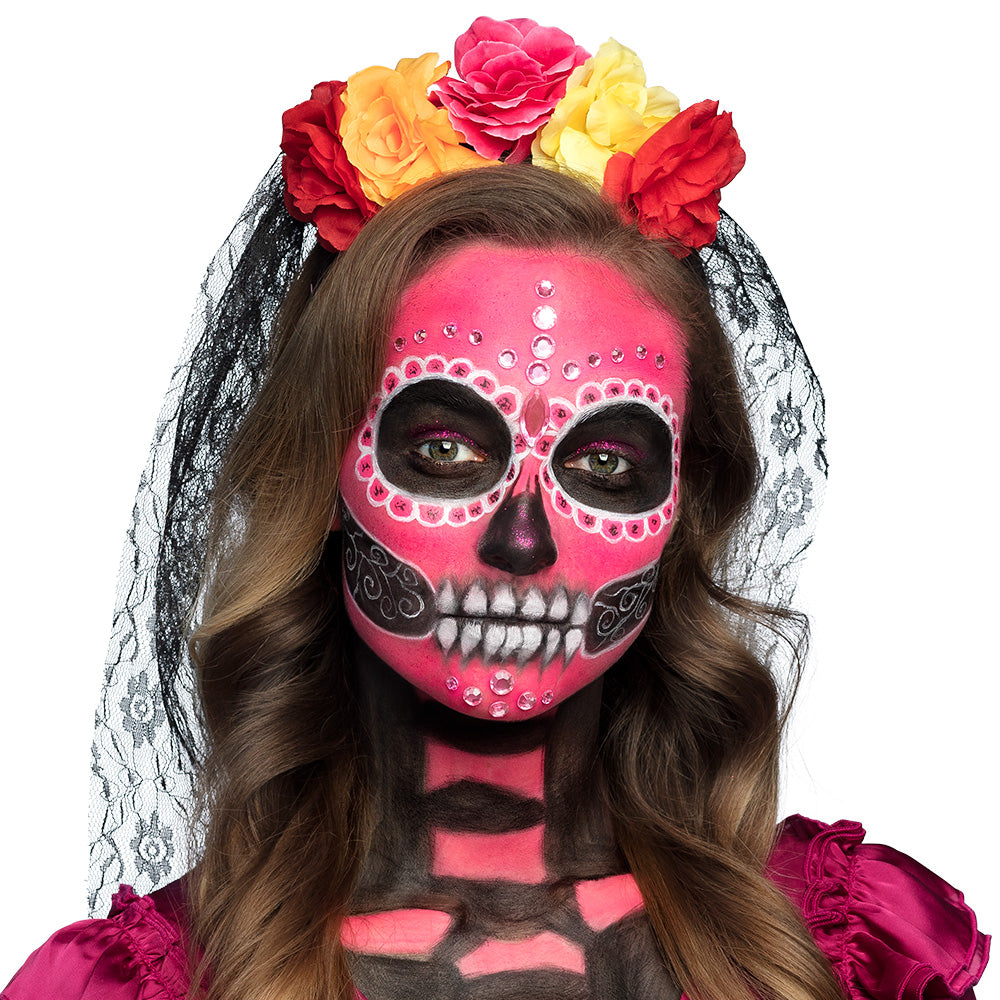 Couronne Fleurs Colorées + Voile Dentelle - Déguisement Jour des Morts