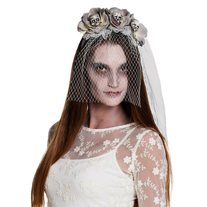 Voile Mariée Squelette Halloween - Diadème Crânes Blanc
