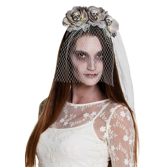 Voile Mariée Squelette Halloween - Diadème Crânes Blanc