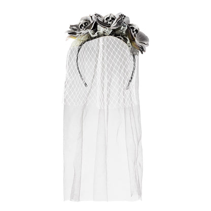 Voile Mariée Squelette Halloween - Diadème Crânes Blanc