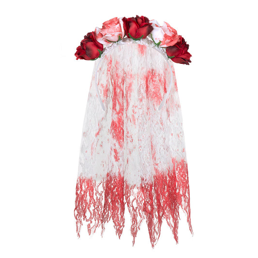 Voile Mariée Zombie Fleurs Rouges - Déguisement Halloween