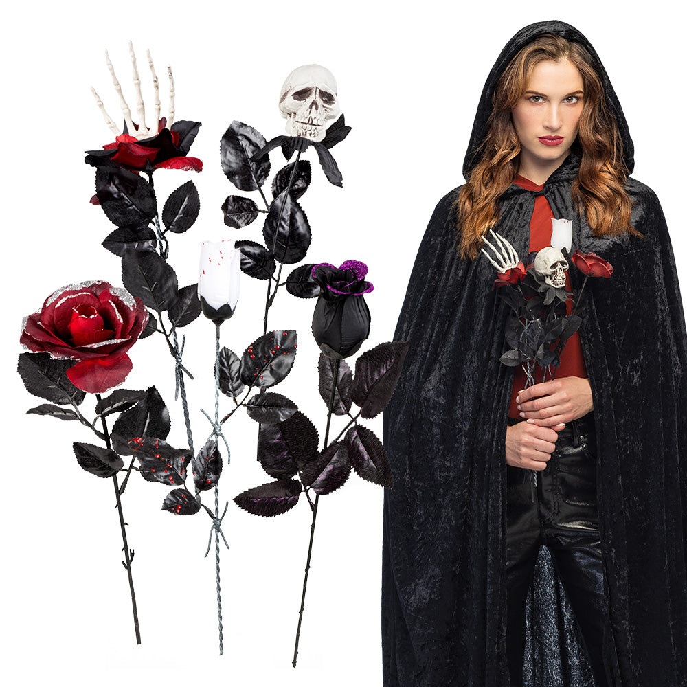 Cape Vampire Gothique Noire avec Roses et Crânes - Déguisement Adulte