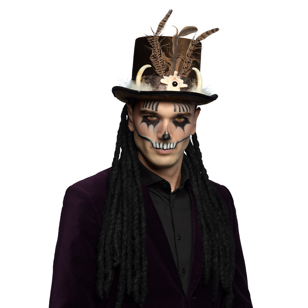 Chapeau Haut de Forme Vaudou Cornes Plumes Noir