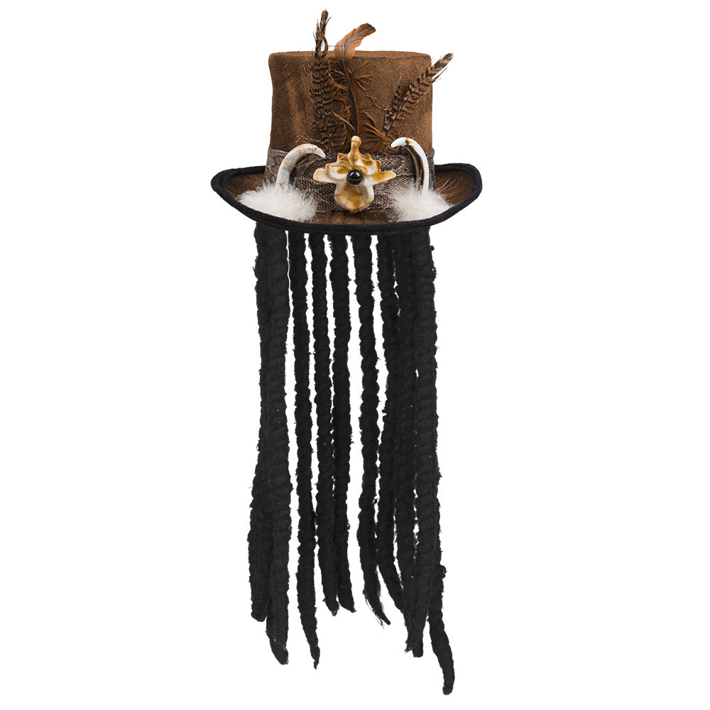 Chapeau Haut de Forme Vaudou Cornes Plumes Noir