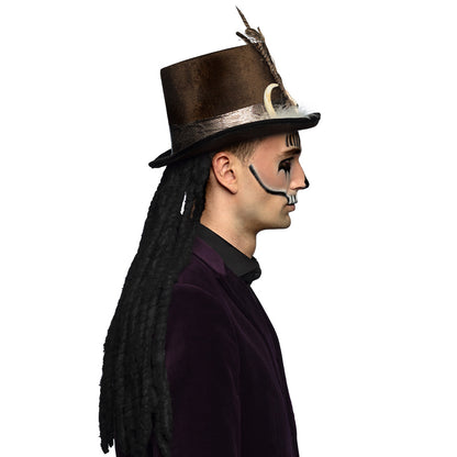 Chapeau Haut de Forme Vaudou Cornes Plumes Noir