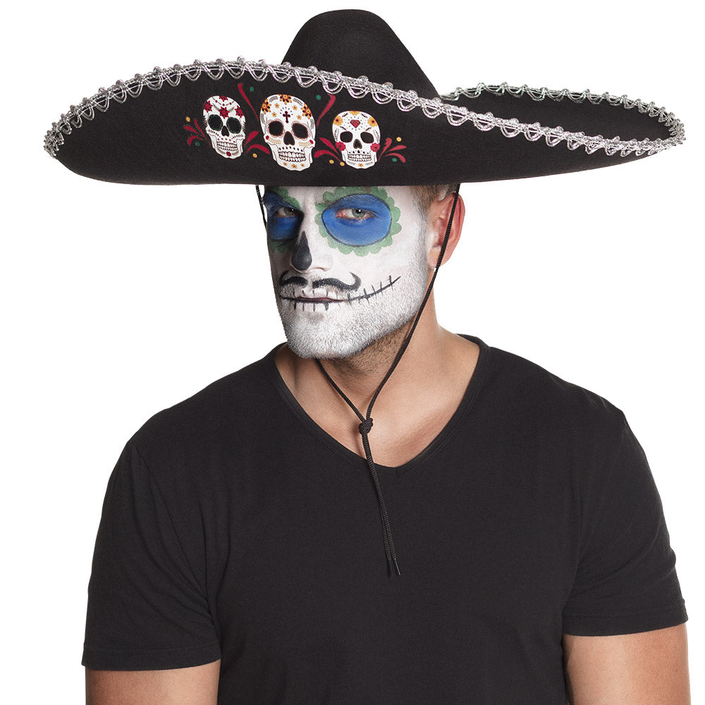 Sombrero Mexicain Skulls Dia de Muertos 58cm - Chapeau Noir