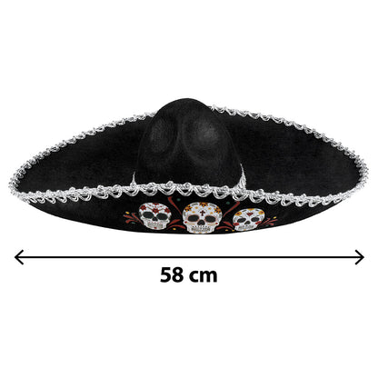 Sombrero Mexicain Skulls Dia de Muertos 58cm - Chapeau Noir