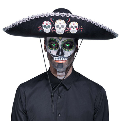 Sombrero Mexicain Skulls Dia de Muertos 58cm - Chapeau Noir