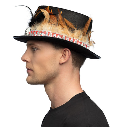 Chapeau Haut de Forme Noir Luxe avec Crâne et Plumes