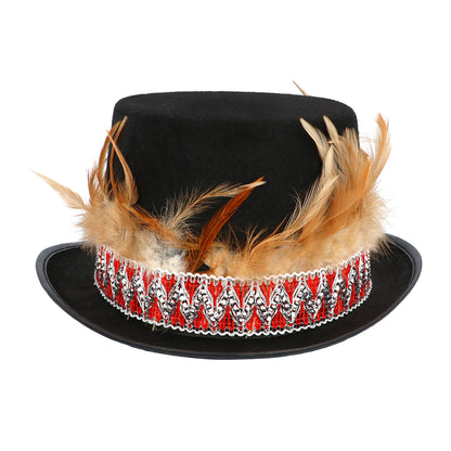 Chapeau Haut de Forme Noir Luxe avec Crâne et Plumes