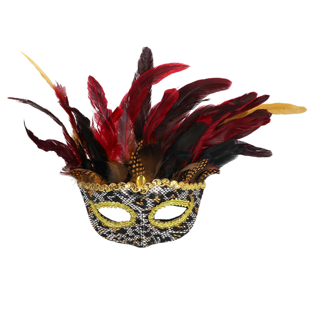 Masque Vénitien Luxe Plumes Rouges Or Noir Carnaval