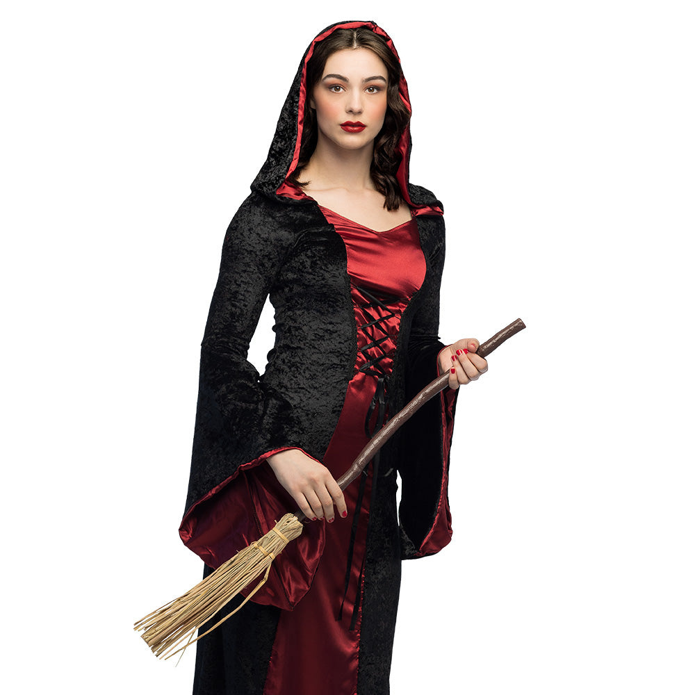 Costume Sorcière Gothique Noir et Rouge avec Balai