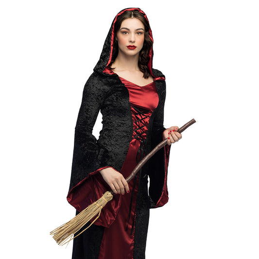Costume Sorcière Gothique Noir et Rouge avec Balai