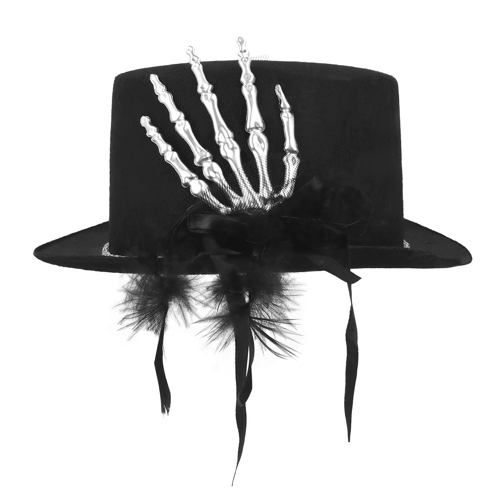 Chapeau Haut de Forme Noir Gothique avec Décoration Squelette