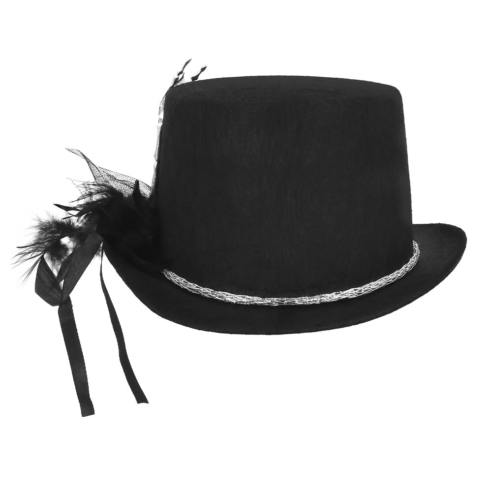 Chapeau Haut de Forme Noir Gothique avec Décoration Squelette