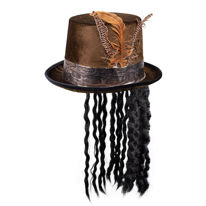 Chapeau Haut de Forme Steampunk avec Dreadlocks et Plumes