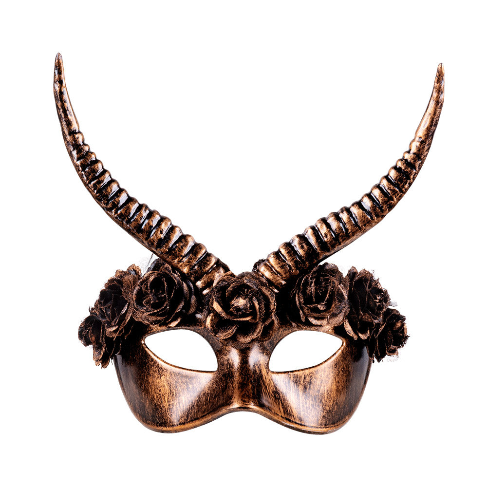 Masque Démon Cornes Dorées Roses Luxe Halloween