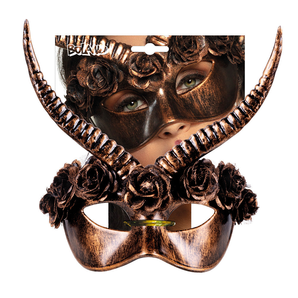 Masque Démon Cornes Dorées Roses Luxe Halloween