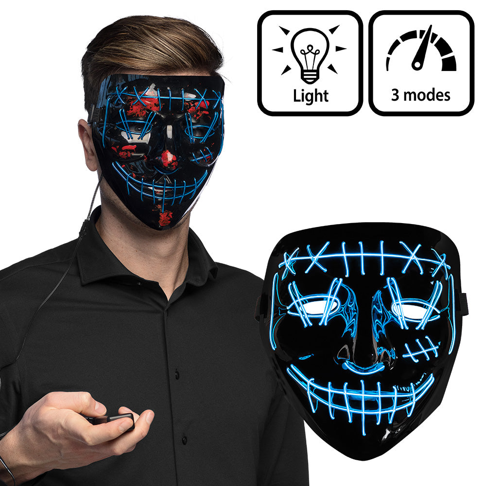 Masque LED Néon Smiley - 3 Modes Lumineux Bleu et Rouge